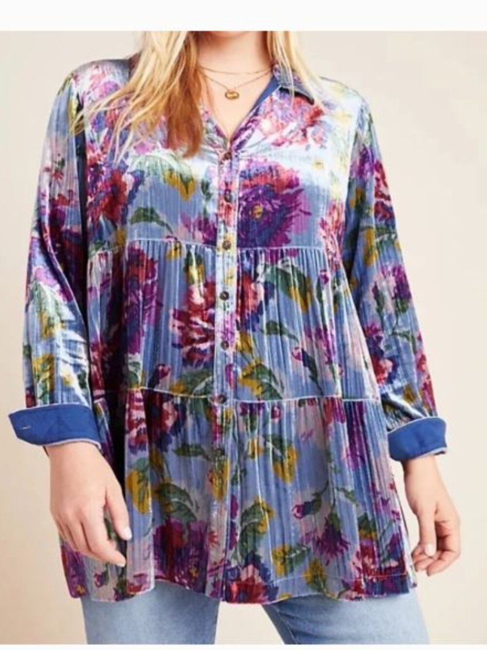 Maeve Anthropologie Reverie Tiered Velvet Tunic Top XL Button Down Shirt Boho